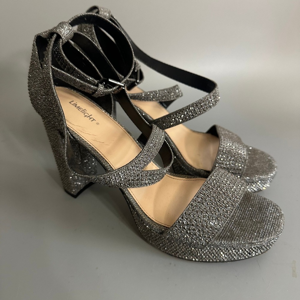 Limelight Silver Glitter Rhinestone Platform Block Heel Sandals Womens 11